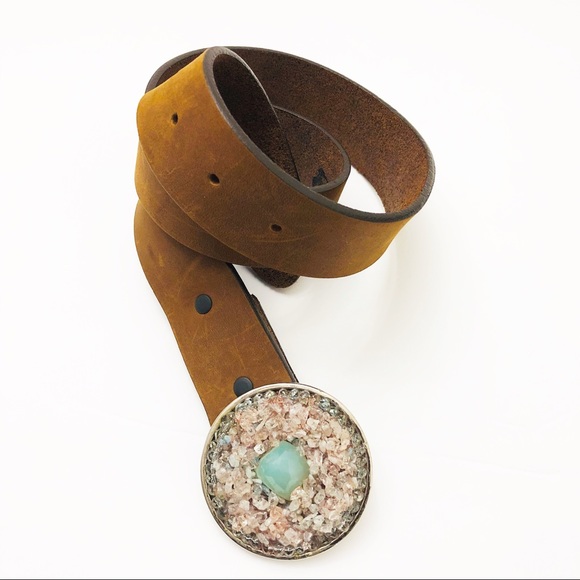 Justin Medallion Crystal Brown Cowhide Belt Sz 30 - Picture 5 of 8